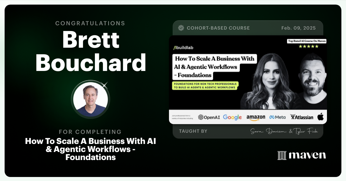 Certificate of Completion for How To Scale A Business With AI & Agentic Workflows - Foundations