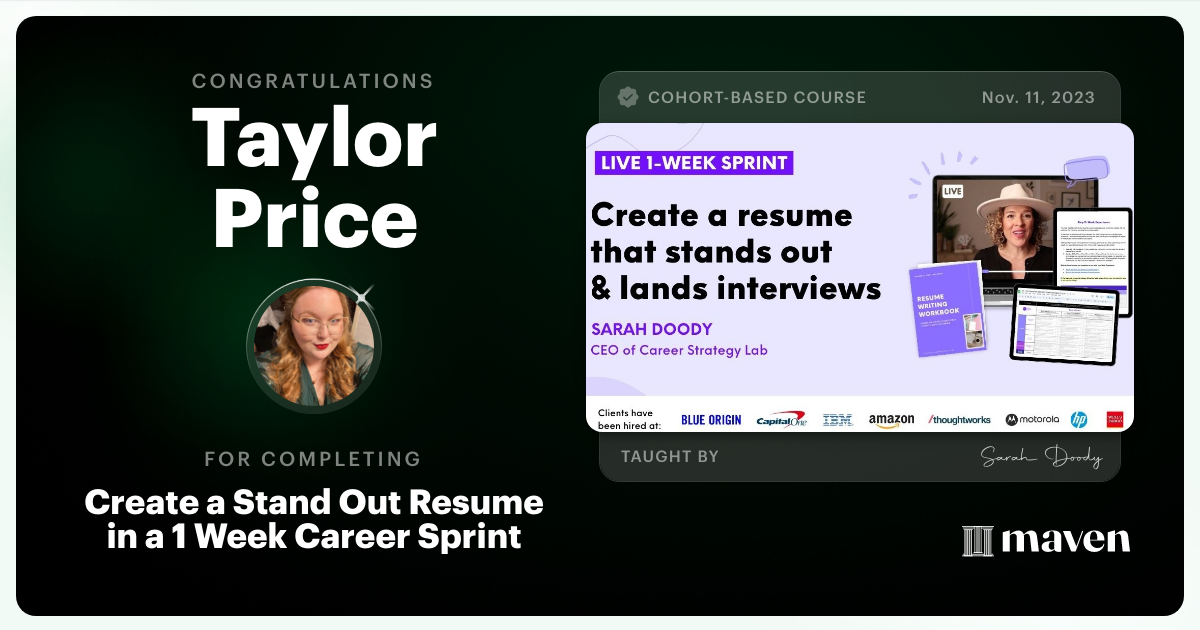 Certificate of Completion for Create A Stand Out Resume For Your Next UX, Product, or Tech Role