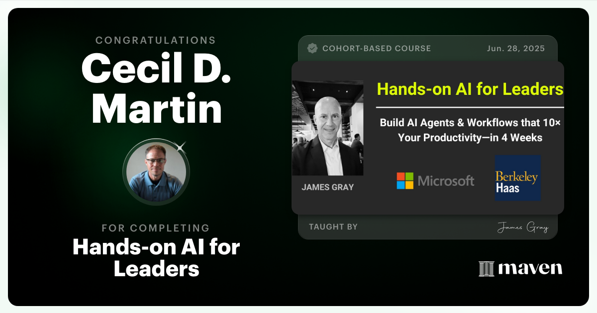 Certificate of Completion for Hands-on Agentic AI for Leaders