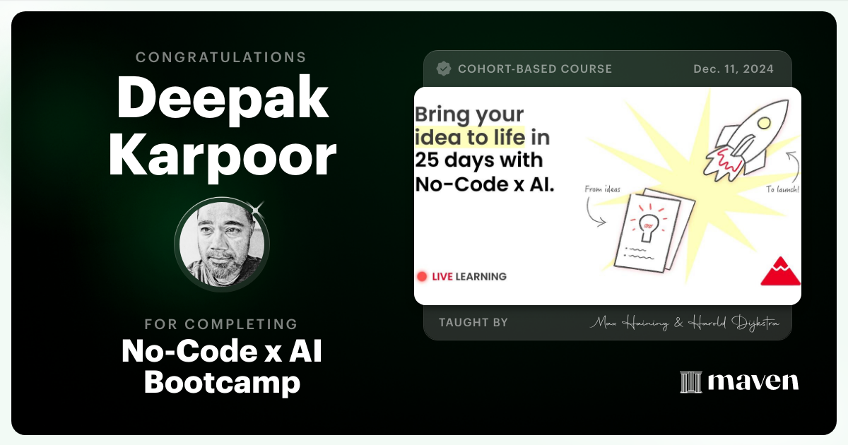 Certificate of Completion for No-Code x AI Bootcamp