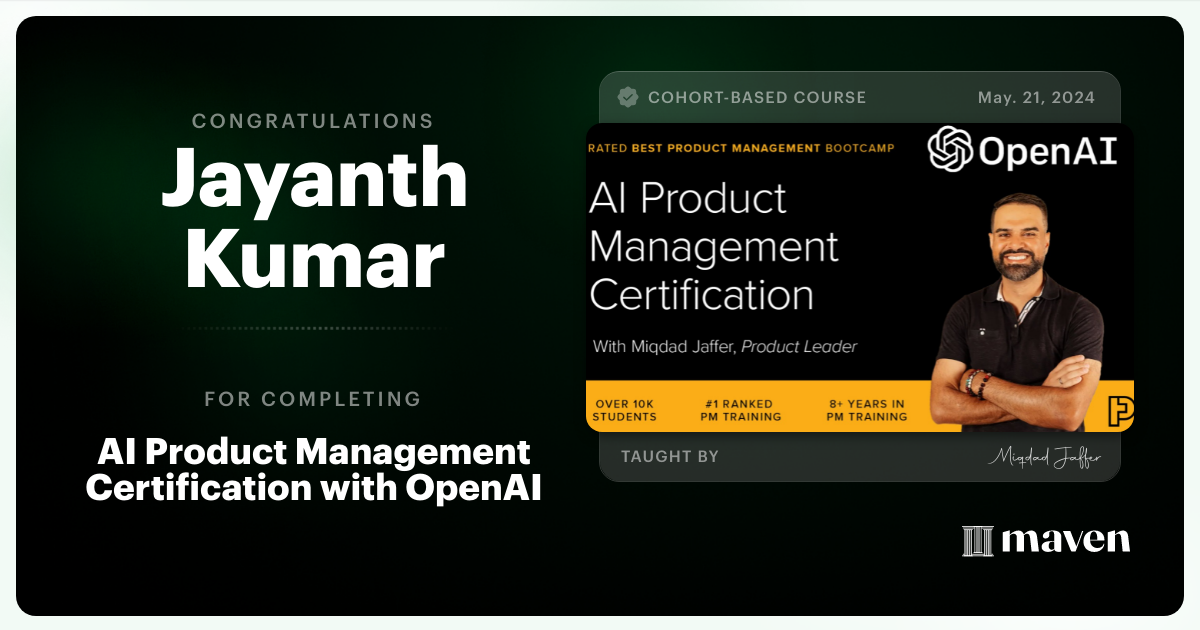 Certificate of Completion for AI Product Management Certification by Product Faculty
