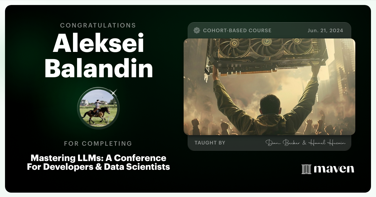 Certificate of Completion for Mastering LLMs For Developers & Data Scientists