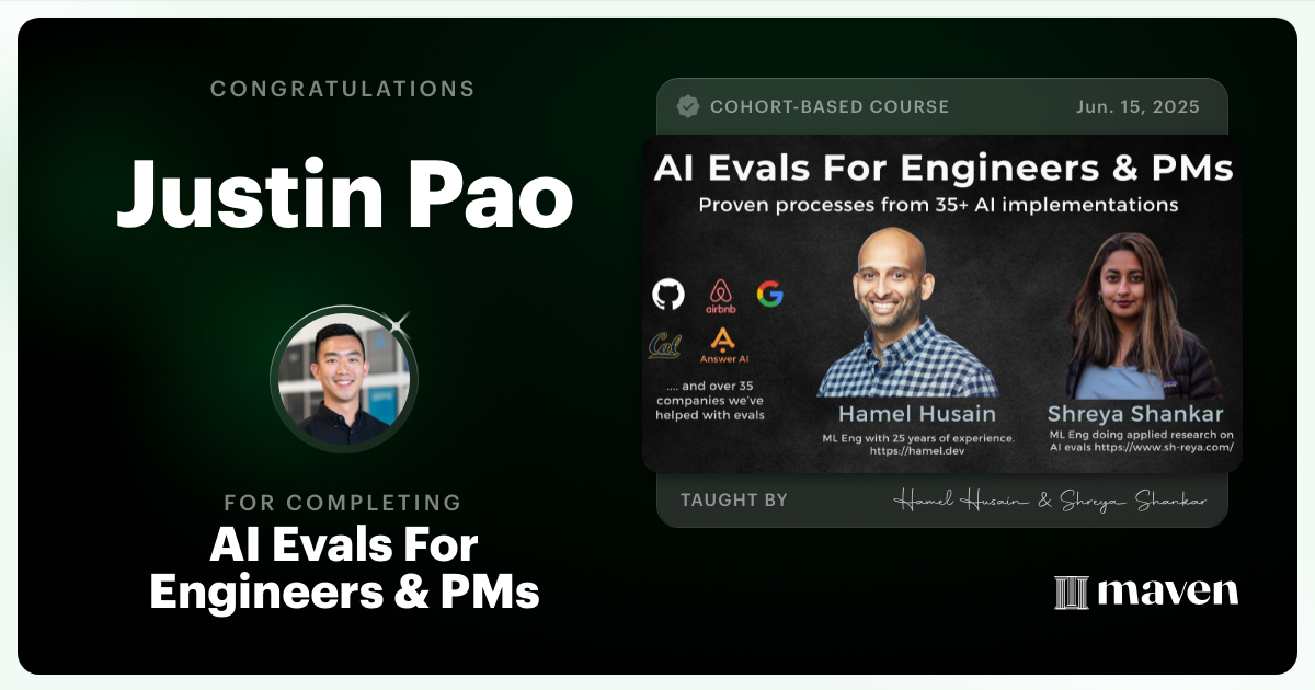 Certificate of Completion for AI Evals For Engineers & PMs