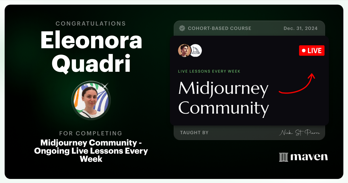 Certificate of Completion for Midjourney Community - Ongoing Live Lessons Every Week