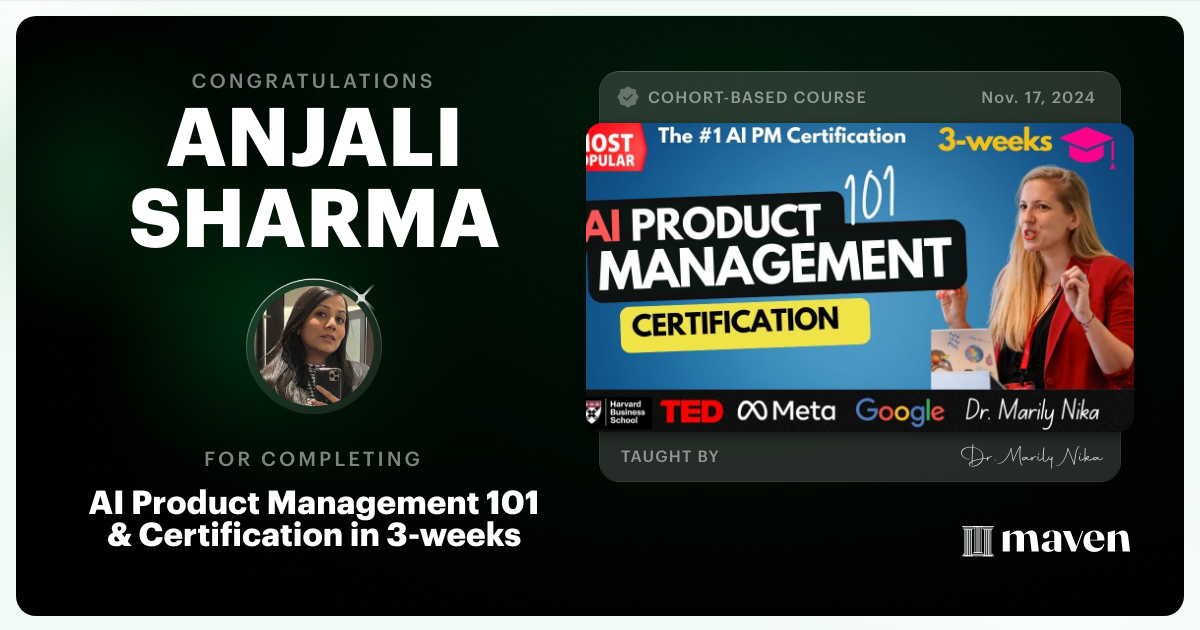 Certificate of Completion for AI Product Management 101 & Certification - Building AI Products end-to-end