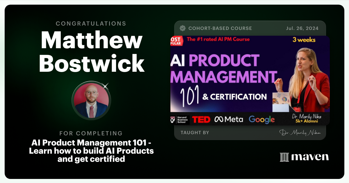 Certificate of Completion for AI Product Management 101 & Certification - Building AI Products end-to-end