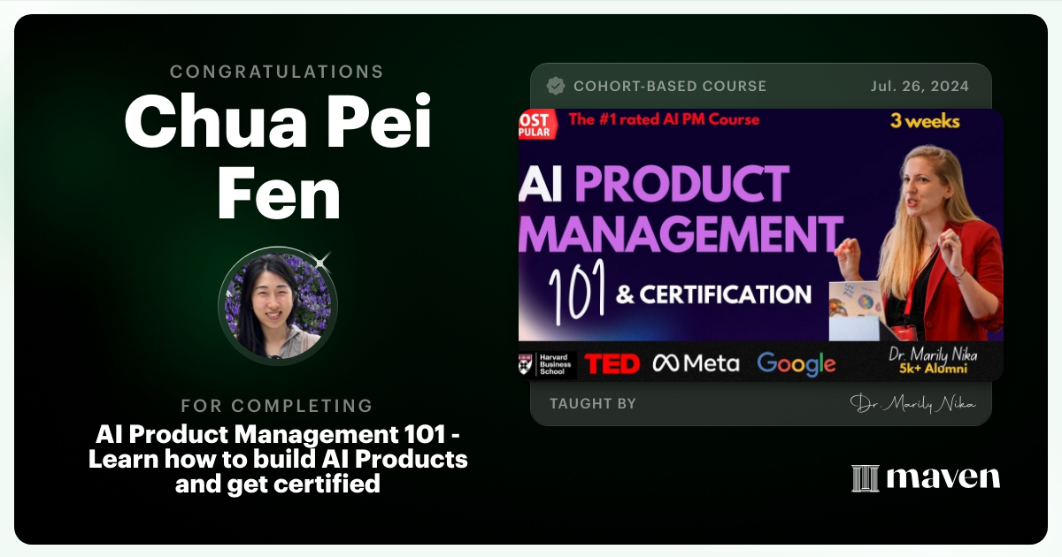 Certificate of Completion for AI Product Management 101 & Certification - Building AI Products end-to-end