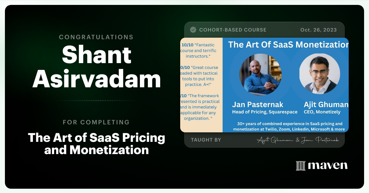 Certificate of Completion for The Art of SaaS, AI and Agentic Pricing