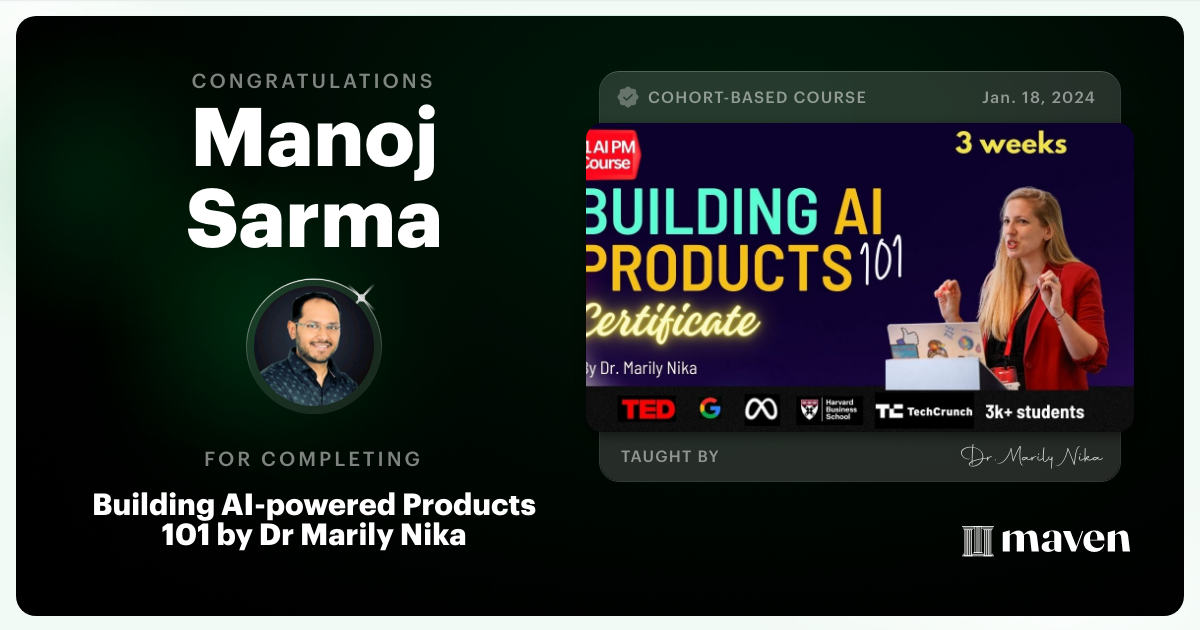 Certificate of Completion for AI Product Management 101 & Certification - Building AI Products end-to-end