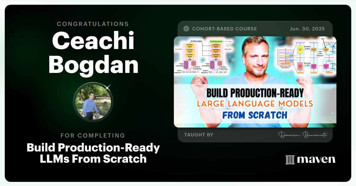 Certificate of Completion for Build Production-Ready LLMs From Scratch