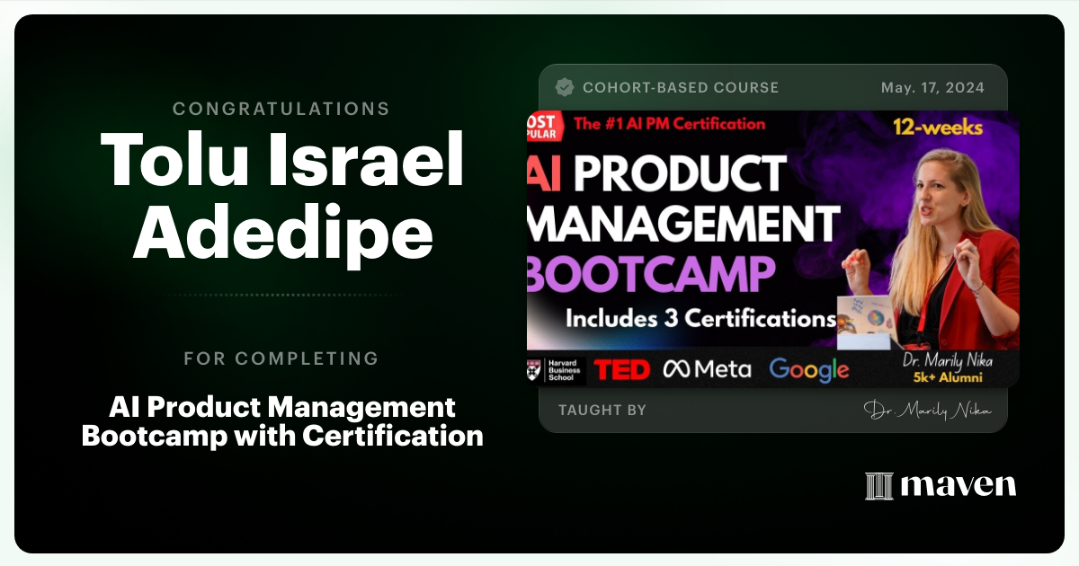 Certificate of Completion for AI Product Management Bootcamp & Certification by AI Product Academy