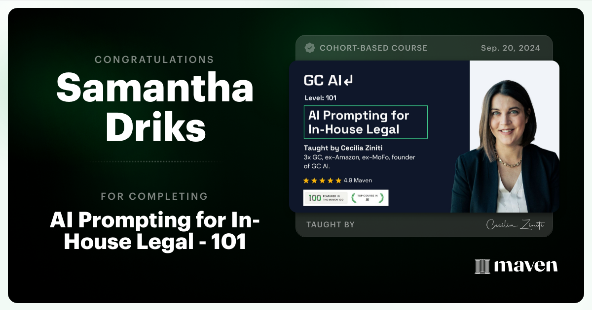 Certificate of Completion for AI Prompting for In-House Legal - 101