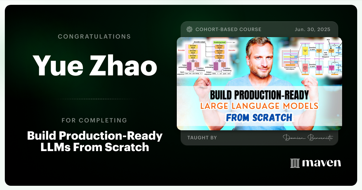 Certificate of Completion for Build Production-Ready LLMs From Scratch