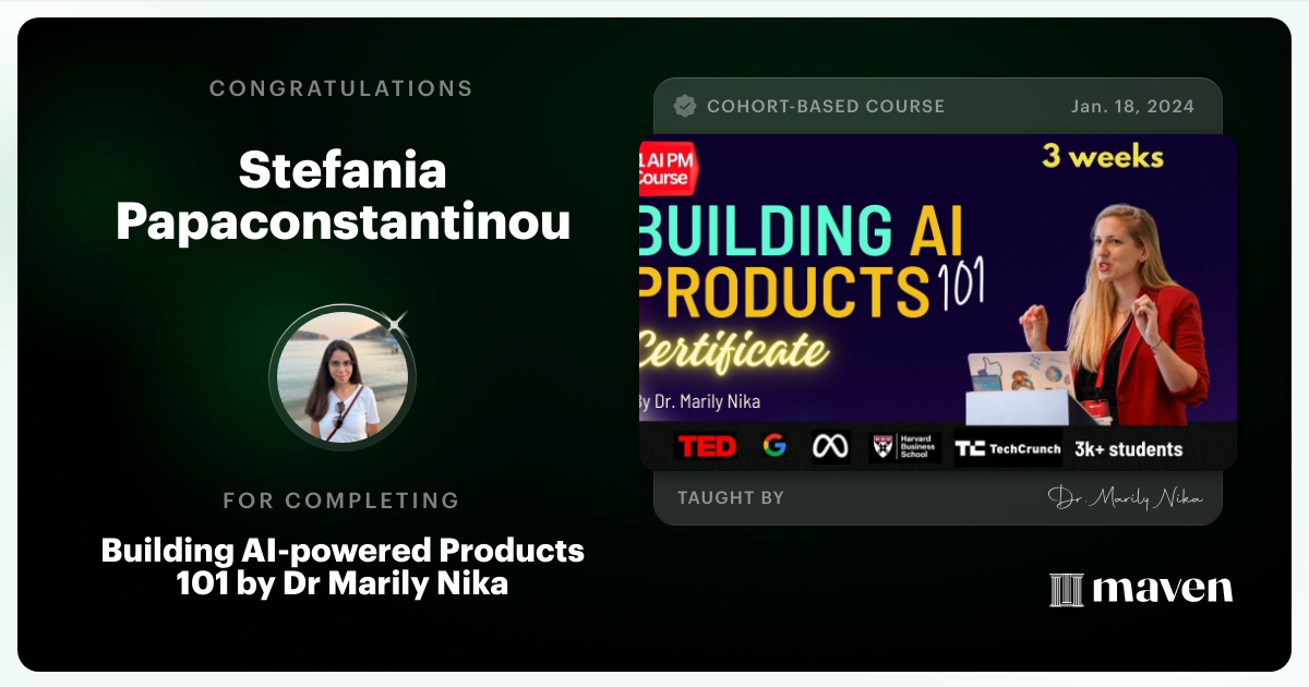 Certificate of Completion for AI Product Management 101 & Certification - Building AI Products end-to-end