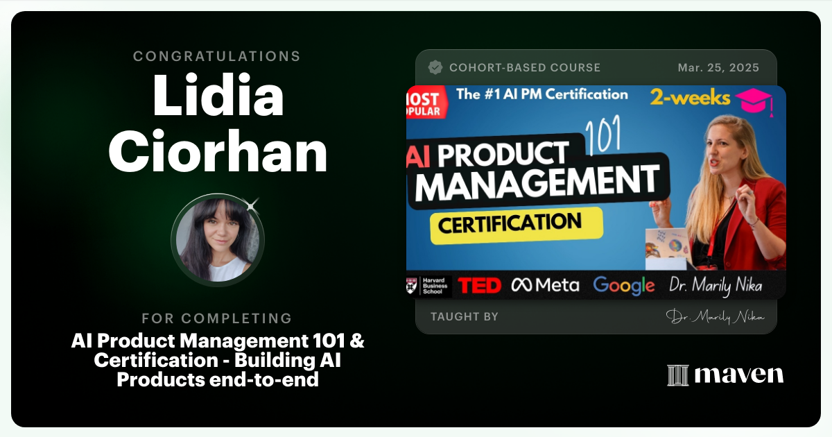 Certificate of Completion for AI Product Management 101 & Certification - Building AI Products end-to-end