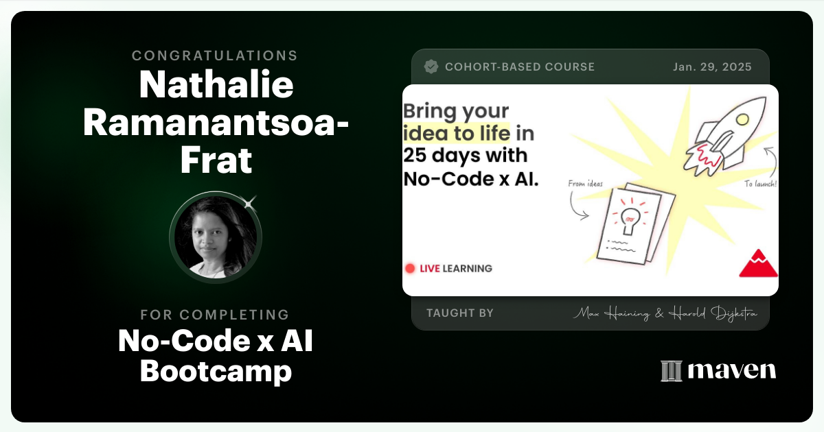Certificate of Completion for No-Code x AI Bootcamp