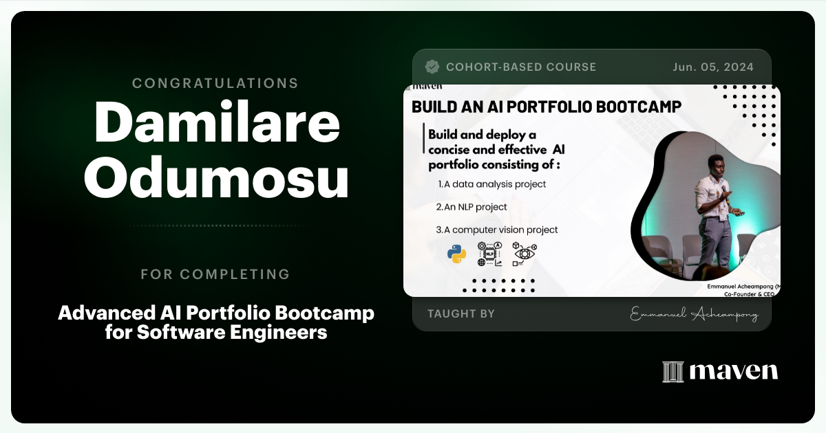 Certificate of Completion for Advanced AI Portfolio Bootcamp for Software Engineers