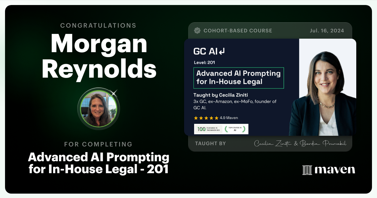 Certificate of Completion for Advanced AI Prompting for In-House Legal - 201