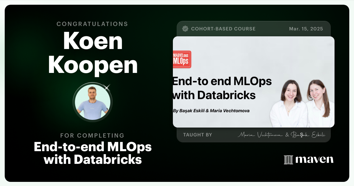 Certificate of Completion for End-to-end MLOps with Databricks