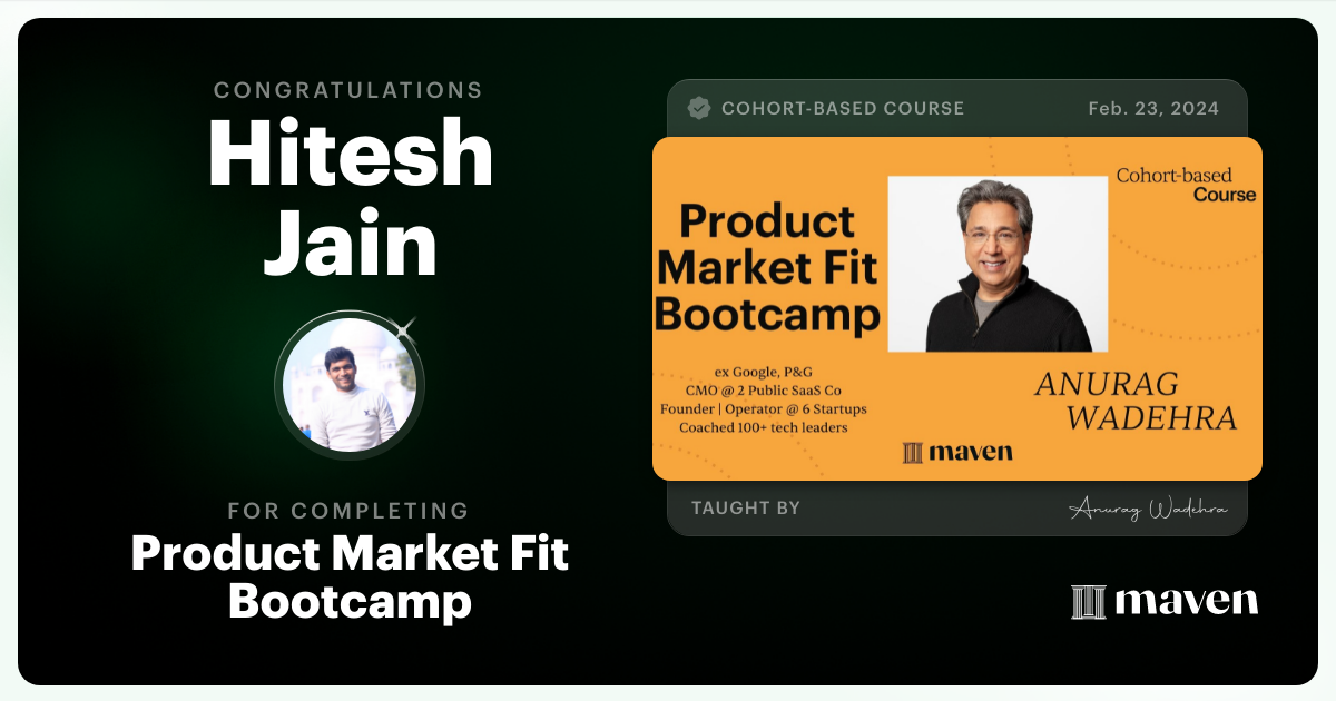 Certificate of Completion for Product Market Fit Bootcamp