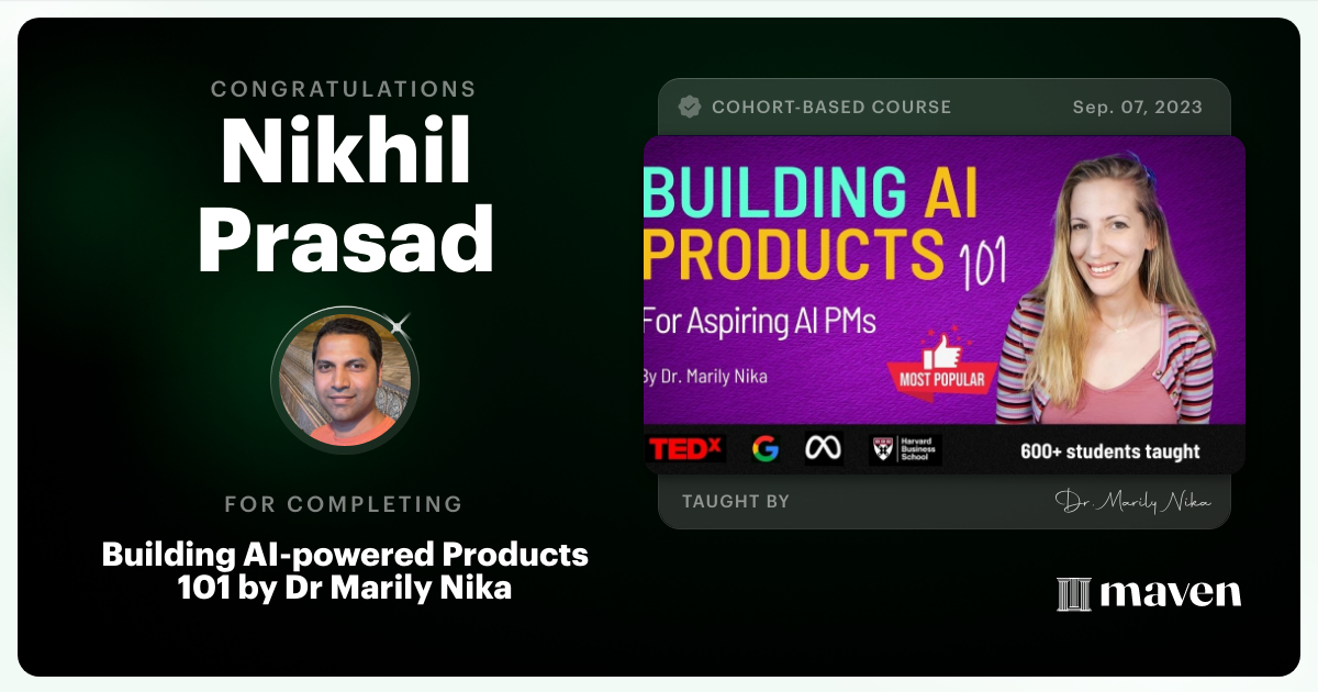 Certificate of Completion for AI Product Management 101 & Certification - Building AI Products end-to-end