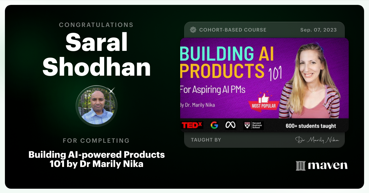 Certificate of Completion for AI Product Management 101 & Certification - Building AI Products end-to-end