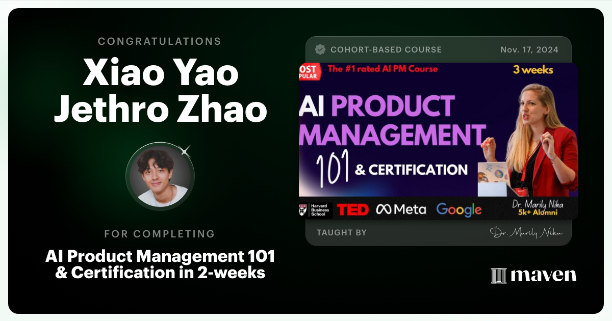 Certificate of Completion for AI Product Management 101 & Certification - Building AI Products end-to-end