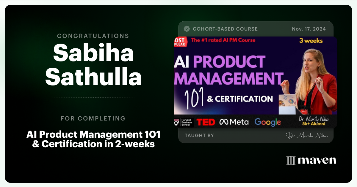 Certificate of Completion for AI Product Management 101 & Certification - Building AI Products end-to-end