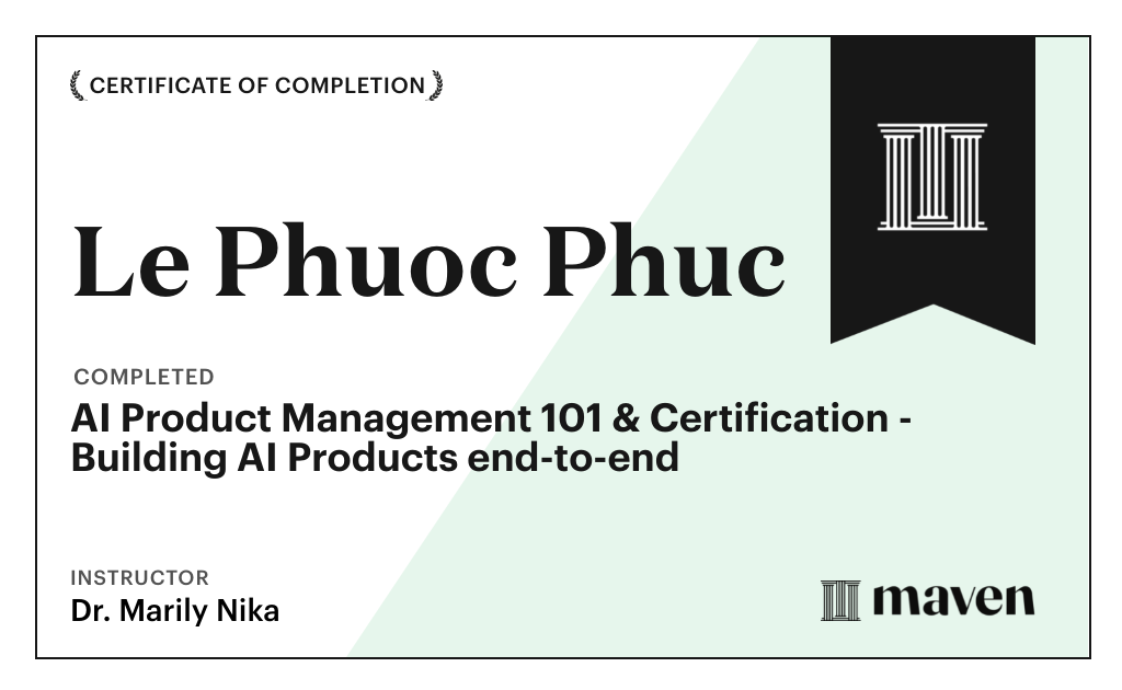 Certificate for AI Product Management 101 & Certification - Building AI Products end-to-end