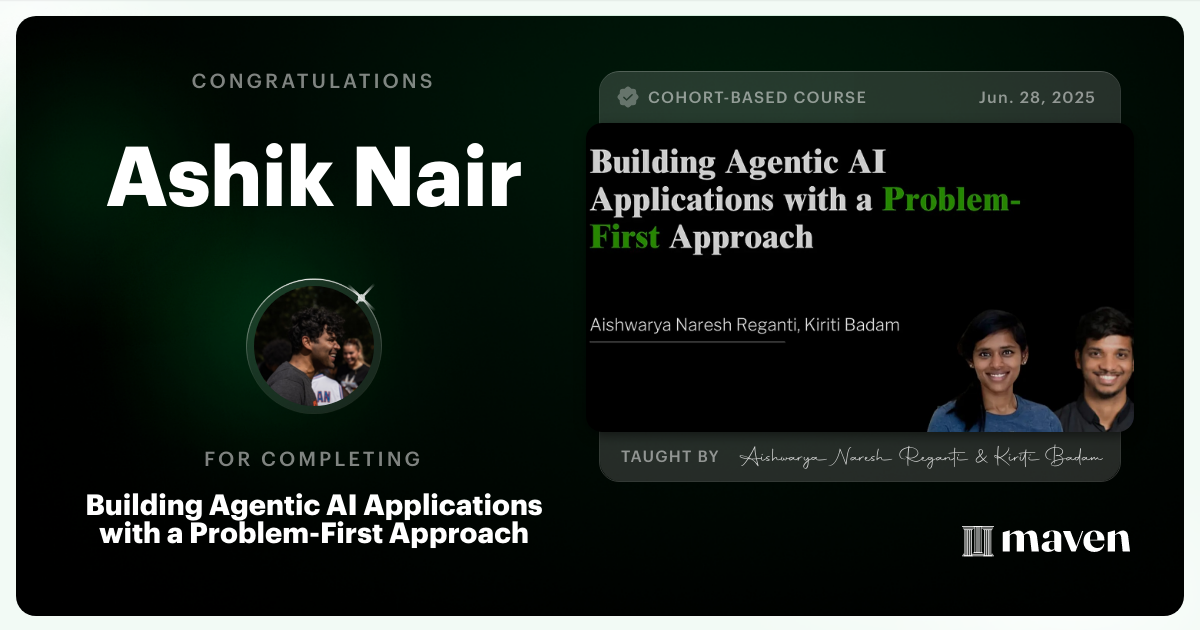 Certificate of Completion for Building Agentic AI Applications with a Problem-First Approach