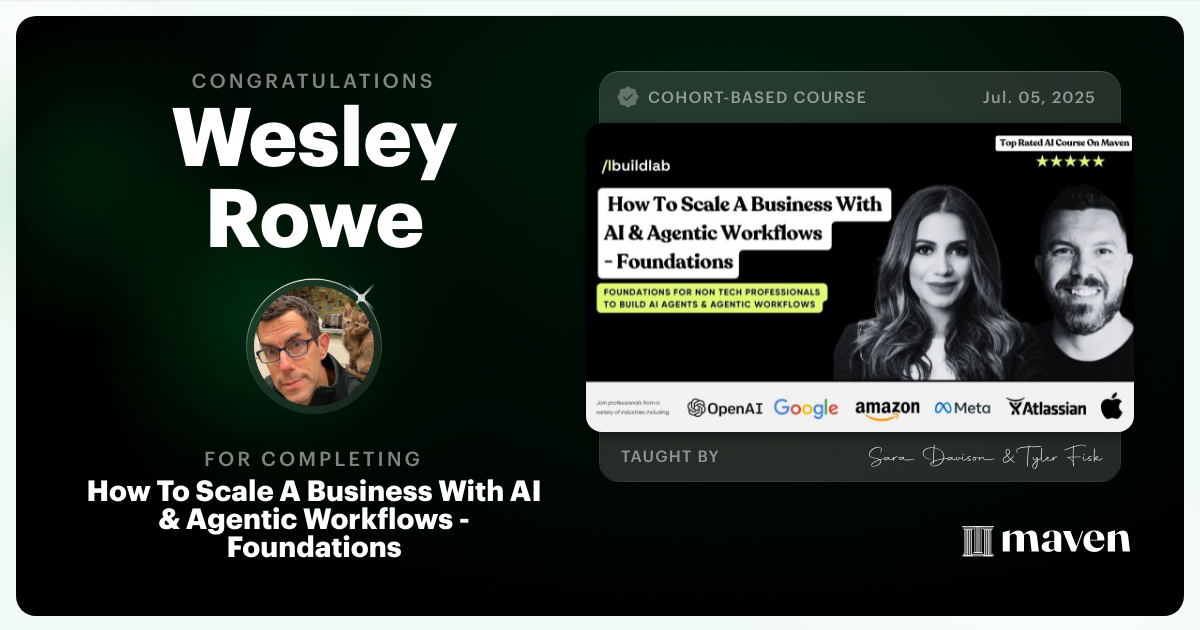 Certificate of Completion for How To Scale A Business With AI & Agentic Workflows - Foundations