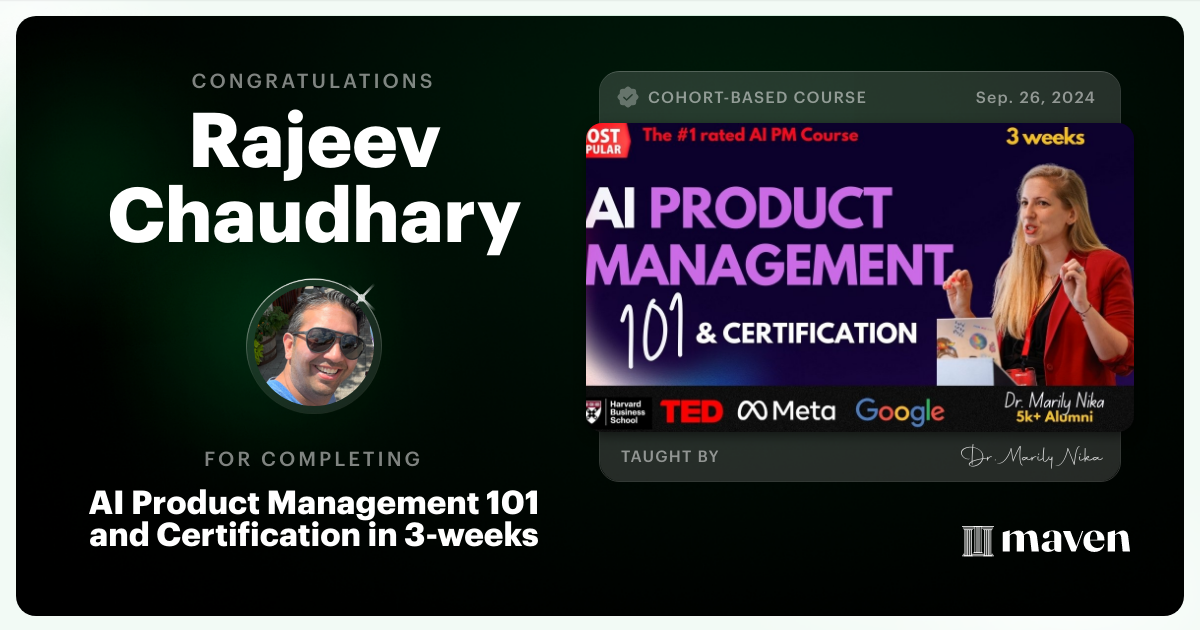 Certificate of Completion for AI Product Management 101 & Certification - Building AI Products end-to-end