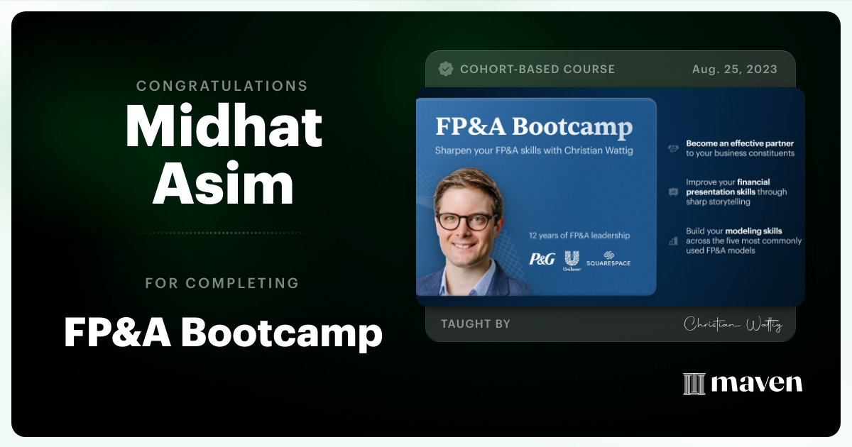 Certificate of Completion for FP&A Bootcamp