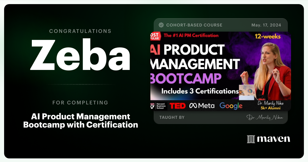 Certificate of Completion for AI Product Management Bootcamp & Certification by AI Product Academy