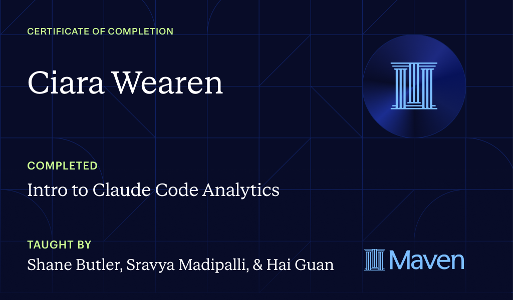 Certificate for Intro to Agentic Analytics in Claude Code