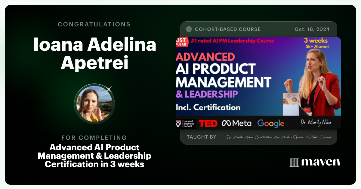 Certificate of Completion for Advanced AI Product Leadership Certification