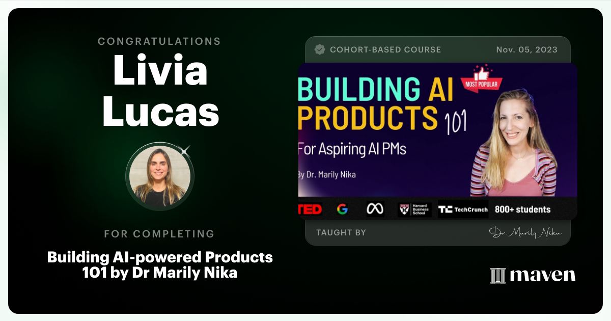 Certificate of Completion for AI Product Management 101 & Certification - Building AI Products end-to-end