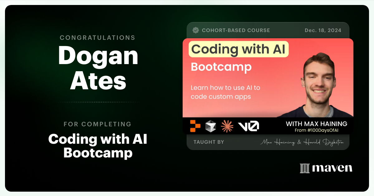 Certificate of Completion for Vibe Coding Bootcamp