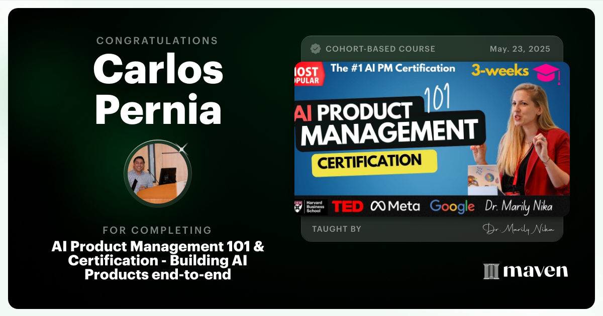 Certificate of Completion for AI Product Management 101 & Certification - Building AI Products end-to-end