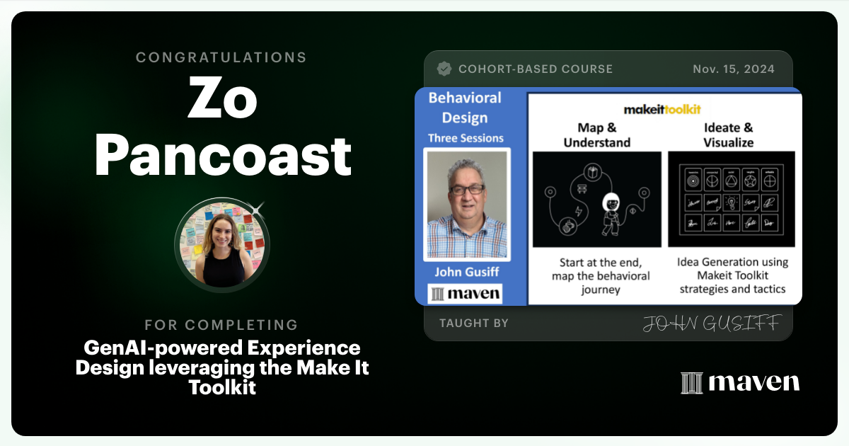 Certificate of Completion for GenAI-powered Behavioral Design Sprint using Make It Toolkit