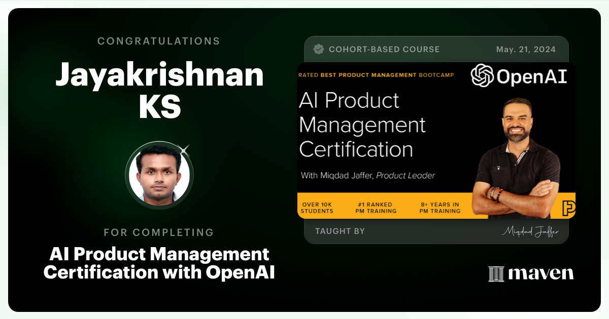 Certificate of Completion for AI Product Management Certification by Product Faculty