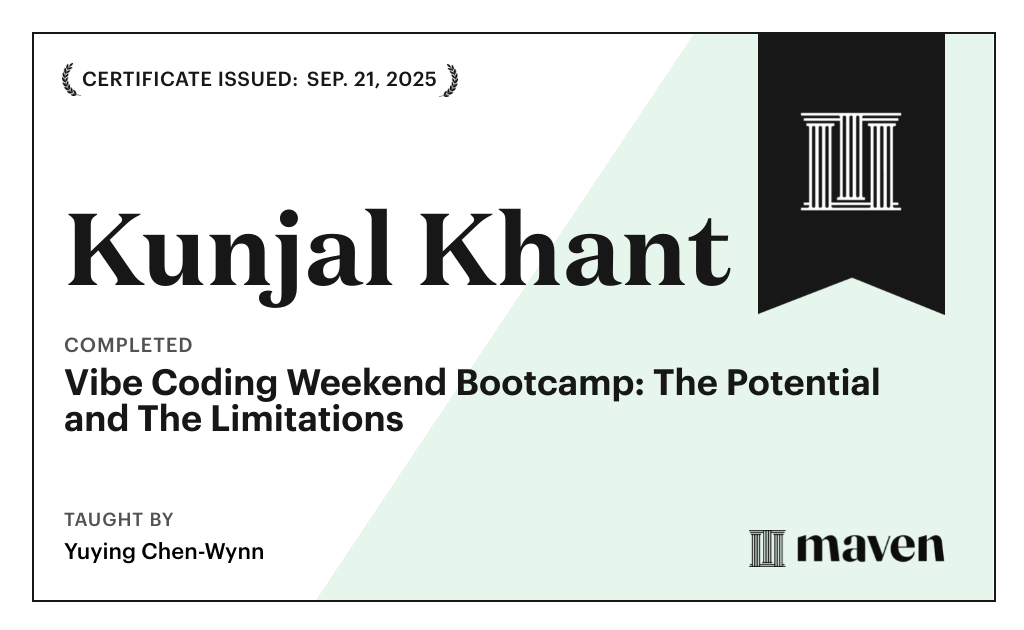 Certificate for Vibe Coding Weekend Bootcamp: The Potential and The Limitations