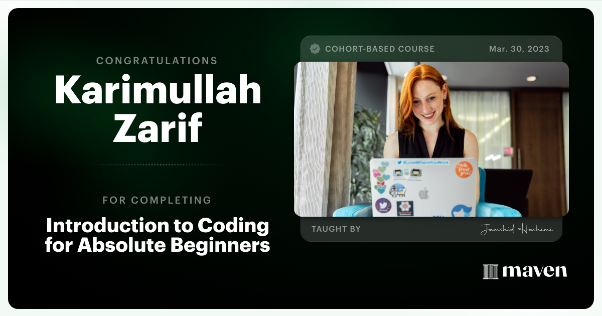 Certificate of Completion for Introduction to Coding for Absolute Beginners