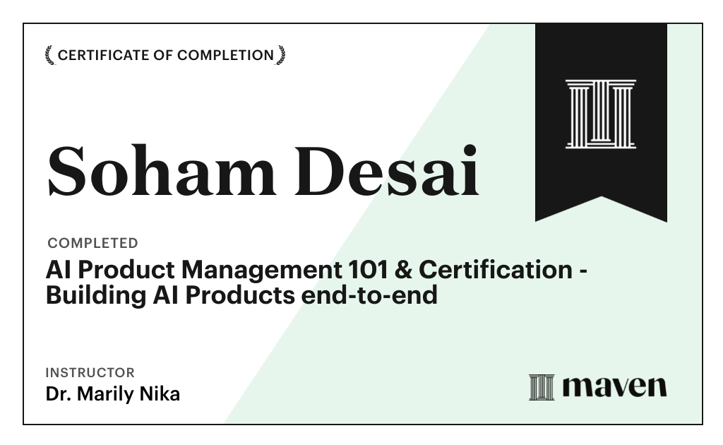 Certificate for AI Product Management 101 & Certification - Building AI Products end-to-end