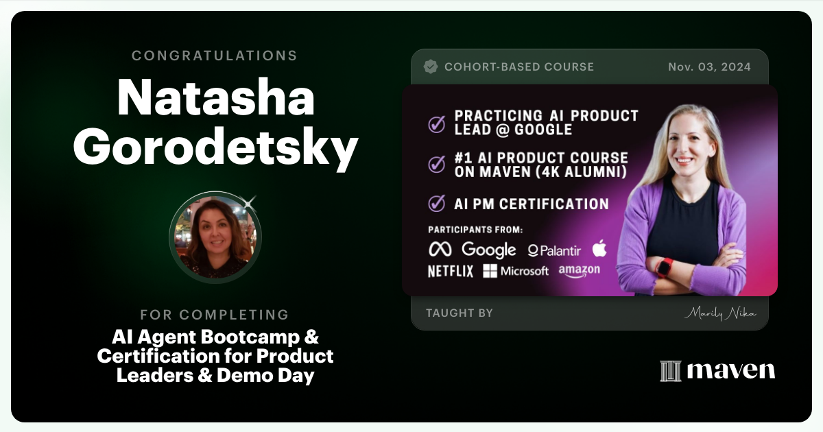 Certificate of Completion for AI Agent Bootcamp 101 for Product Leaders