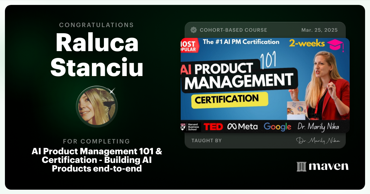 Certificate of Completion for AI Product Management 101 & Certification - Building AI Products end-to-end