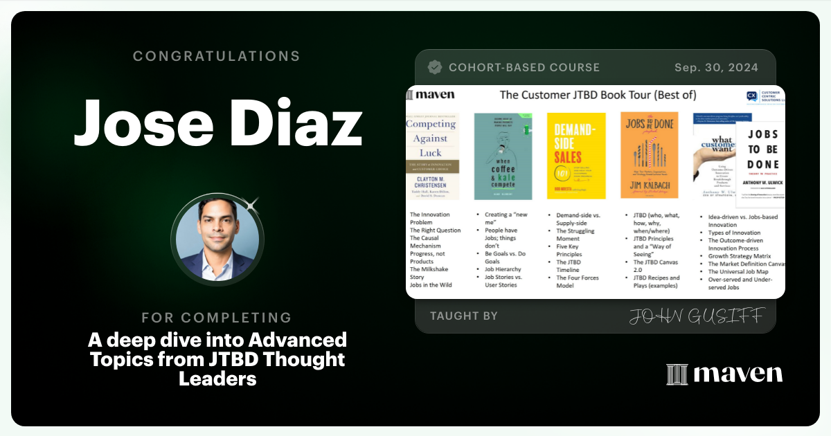 Certificate of Completion for A deep dive into Advanced Topics from JTBD Thought Leaders