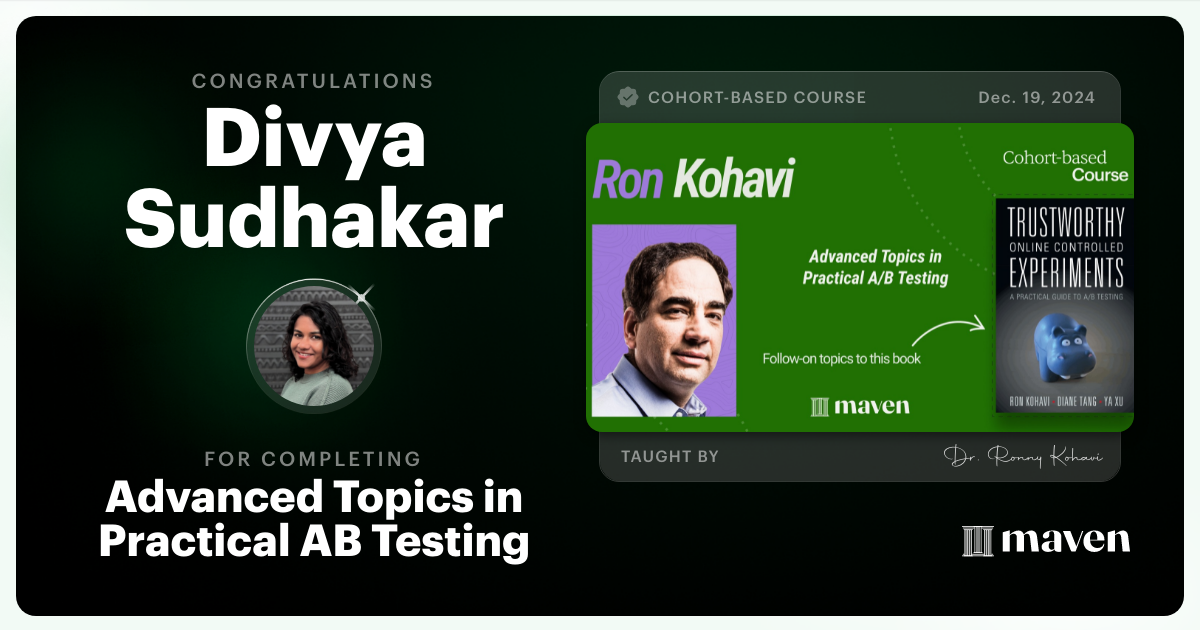 Certificate of Completion for Advanced Topics in Practical A/B Testing