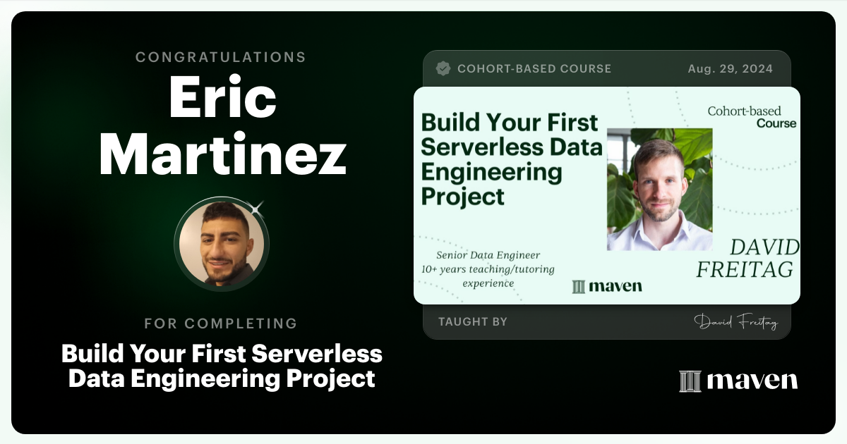 Certificate of Completion for Build Your First Serverless Data Engineering Project
