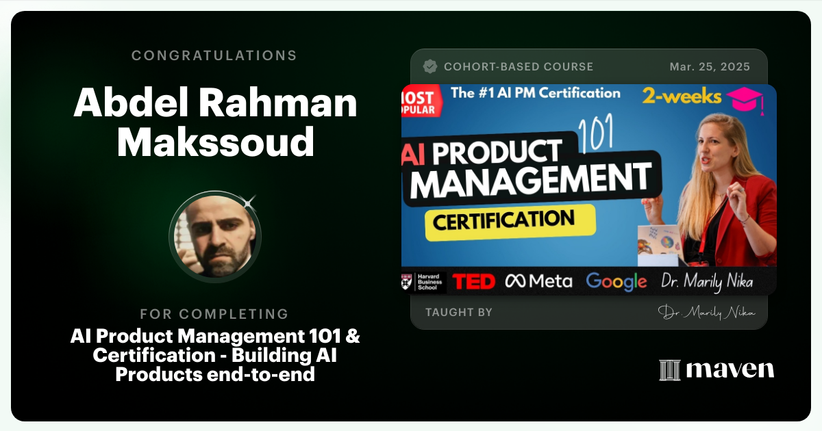 Certificate of Completion for AI Product Management 101 & Certification - Building AI Products end-to-end